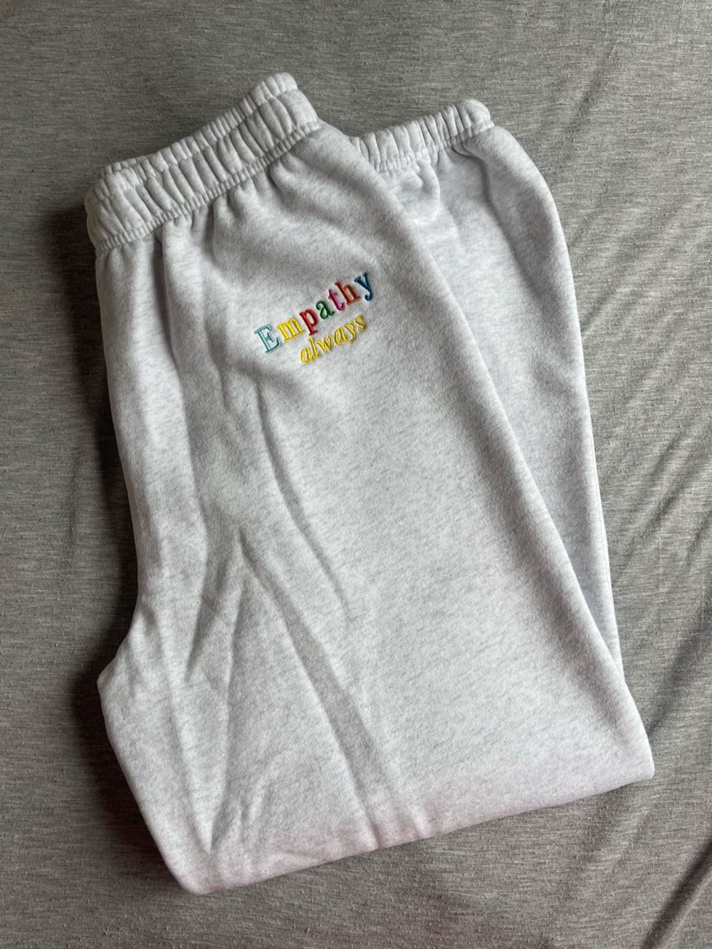 Mayfair Embroidered 'Empathy Always' Light Gray Sweat Joggers